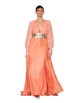 Addy van den Krommenacker silk chiffon coral  dress with beaded lace  top