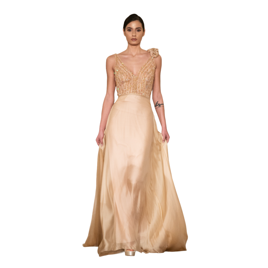 Couture chiffon dress with beaded top