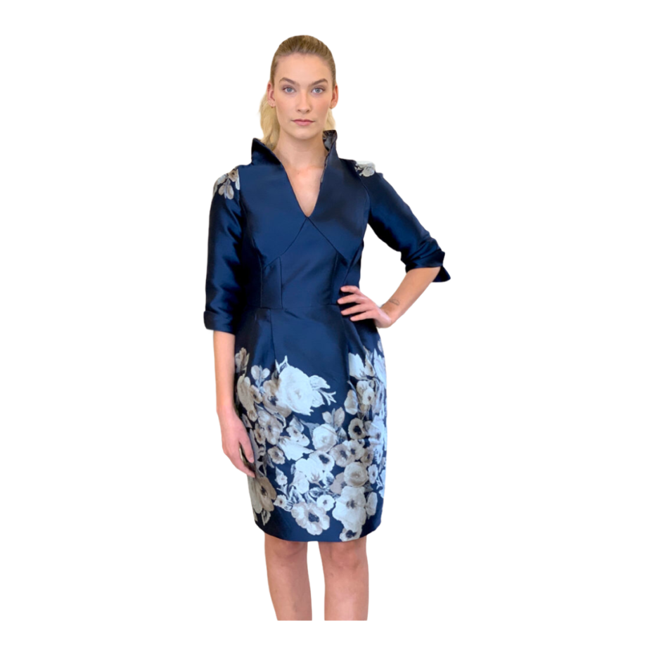 Addy van den Krommenacker Couture print  dark blu brocade dress
