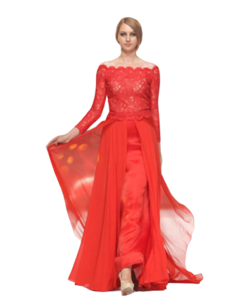 Couture red lace / silk chiffon dress