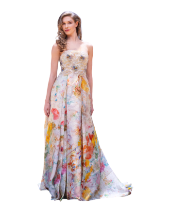 Couture embroided strapless organza  print dress