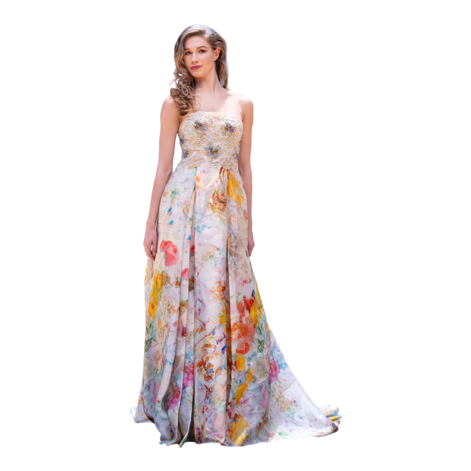 Couture embroided strapless organza  print dress
