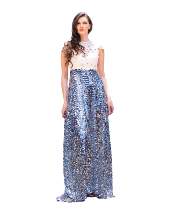 Couture silver long dress with embroided lace upperpart