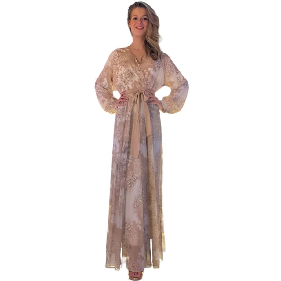 2549 chiffon dress camel white flower
