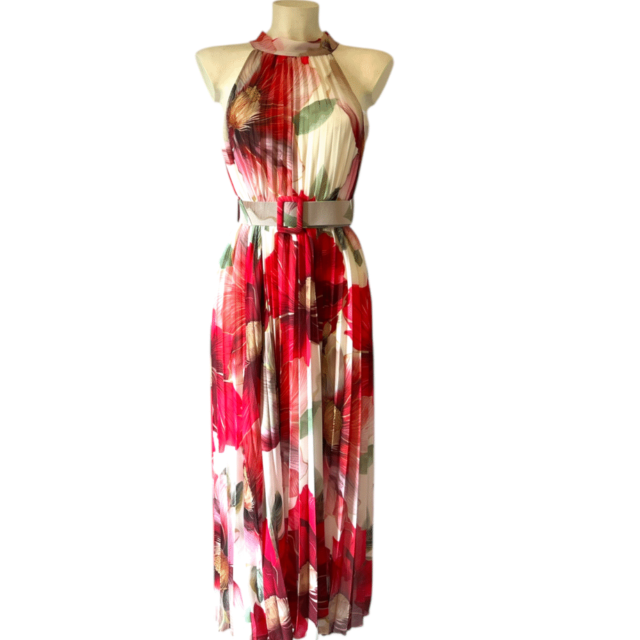 Halter plissé midi dress red fuchsia