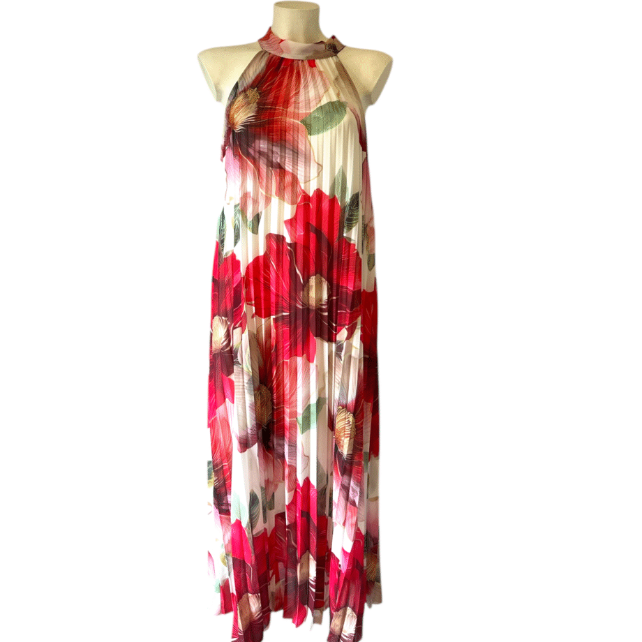 Halter plissé midi dress red fuchsia