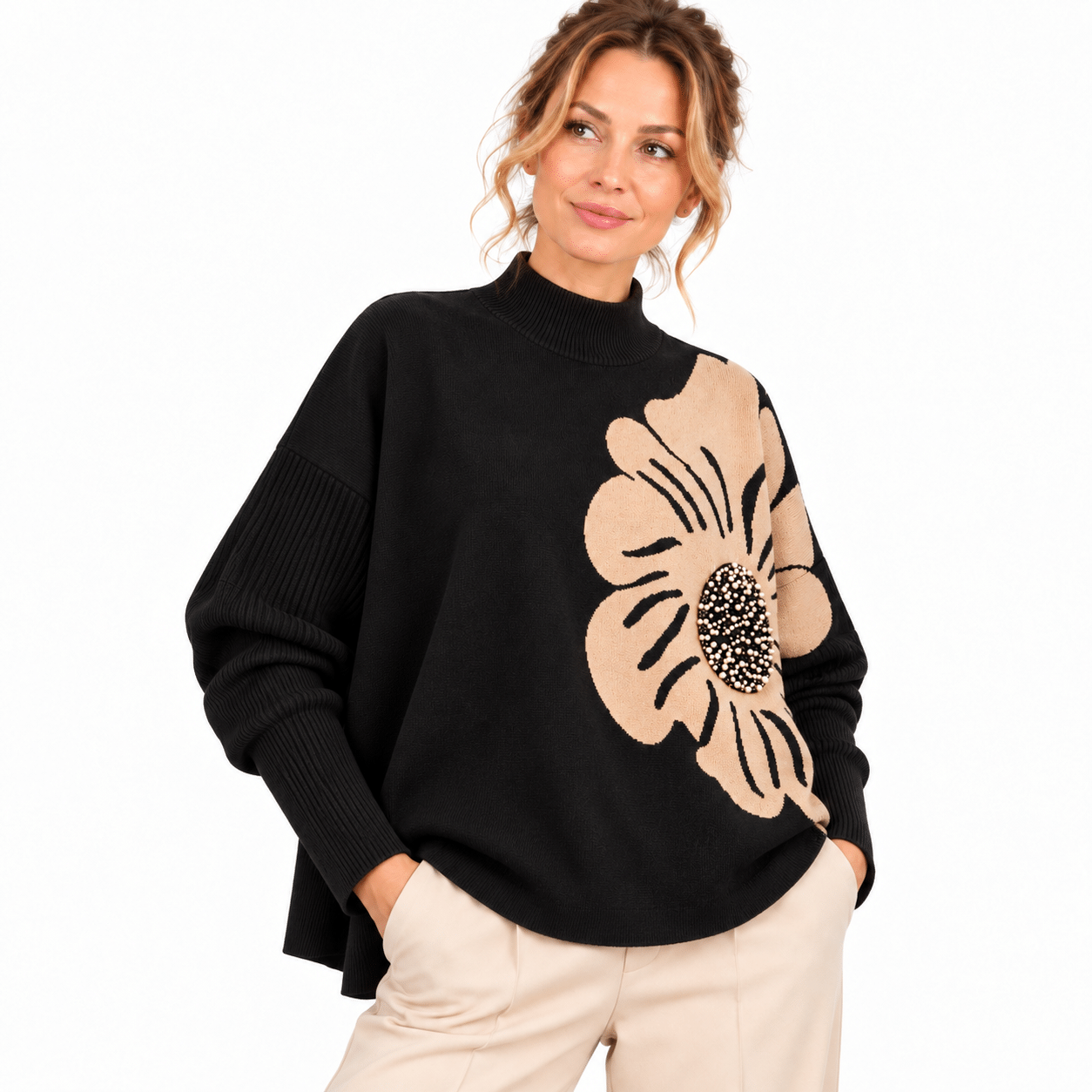 Pullover pearls oversized black camel