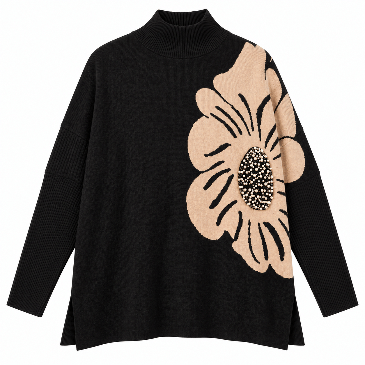Pullover pearls oversized black camel
